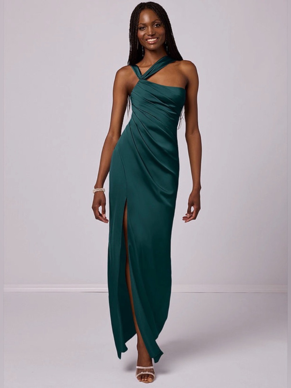 Barbie x AZAZIE 1021 Mermaid One Shoulder Stretch Satin Dress in Pine size A8
